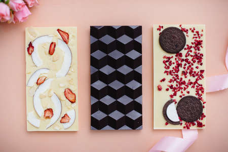 Natural handmade chocolate close-up on a bright background.の写真素材