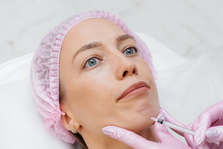 Cosmetology procedure for lip augmentation and wrinkle removal for a young beautiful girl....