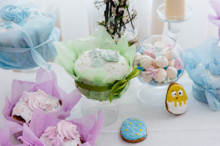 Beautiful Easter cakes on a decorated light table. A light holiday of Easter.の写真素材