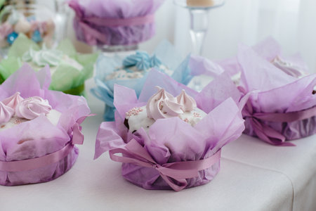 Beautiful Easter cakes on a decorated light table. A light holiday of Easter.の写真素材