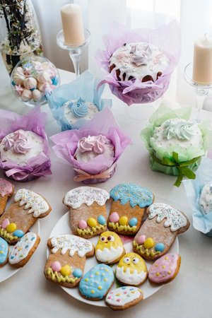 Beautiful Easter cakes on a decorated light table. A light holiday of Easter.の写真素材