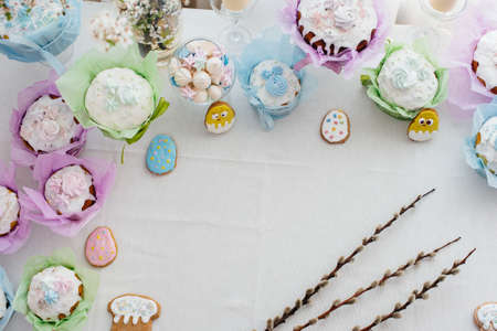 Beautiful Easter cakes on a decorated light table. A light holiday of Easter.の写真素材