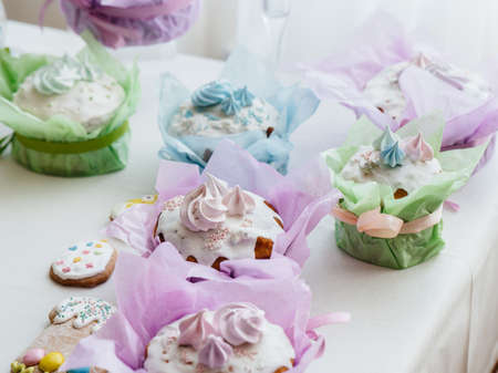 Beautiful Easter cakes on a decorated light table. A light holiday of Easter.の写真素材