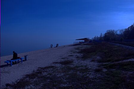 Misty blue evening on the shore of the Sea of Azov in Yeiskの写真素材