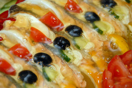 Catering - buffet with businessmen. Table full of various tasty and fresh food.の写真素材