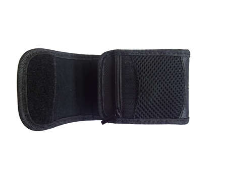 black small compact camera bag isolated on white background.の写真素材