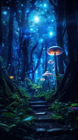 Enchanted forest with bioluminescent glowing mushrooms. Generative Ai.の素材