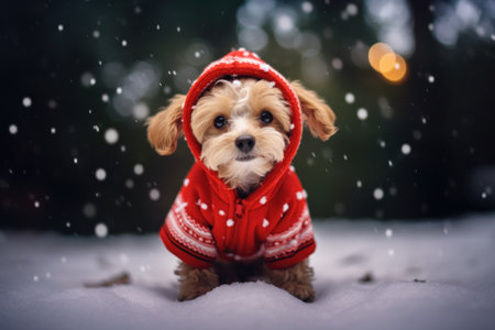 Cute fluffy puppy in a red suit crouched while on a walk in a snowy park. Generative AI.の素材