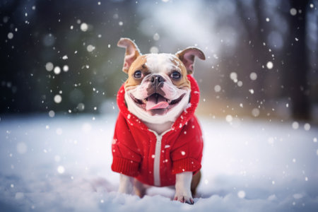 Happy French bulldog in red suit sitting in the snow. Generative AI.の素材