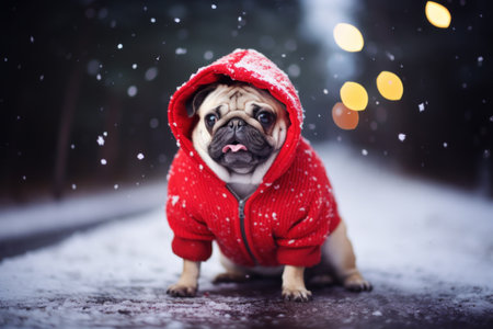 Cute pug breed dog in a red suit sitting on a snowy road in a winter park. Generative AI.の素材