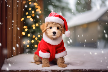 A cute puppy in a Christmas costume sits at the entrance to a decorated holiday farm yard. Generative AI.の素材