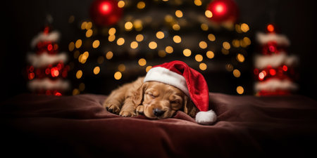 A golden retriever puppy wearing a red Santa Claus hat lies on a bedding bed against a backdrop of festive Christmas bokeh lights. Generative AI.の素材