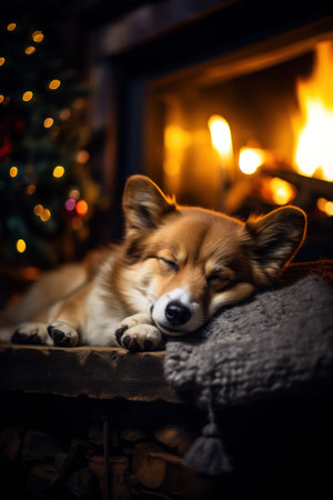 Cute corgi puppy sleeping in front of the Christmas fireplace. Generative AI.の素材
