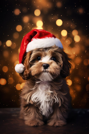 Cute puppy in Santa hat on Christmas bokeh lights background. Generative AI.の素材