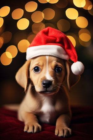 Cute puppy in Santa hat on Christmas bokeh lights background. Generative AI.の素材