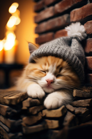 Cute kitty in knit cap sleeping in front of the fireplace. A Cozy Winter Christmas Eve. Generative AI.の素材