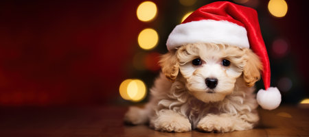 Cute puppy in Santa hat on Christmas bokeh lights background. Generative AI.の素材