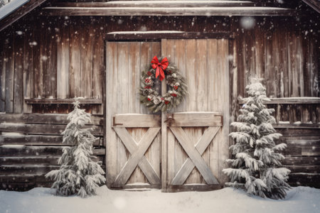 Snow-covered countryside with a rustic barn and a Christmas wreaths on the door. Generative AI.の素材