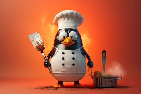 A funny penguin wearing a chef's hat and holding spatula is cooking on small grill on orange background. Generative AI.の素材