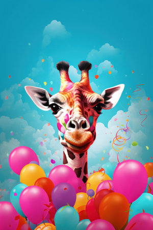 Goofy giraffe against a backdrop of sky and colorful balloons with confetti. Generative AI.の素材