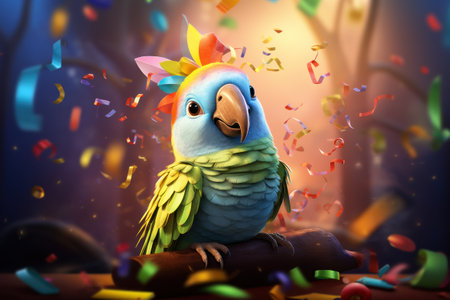 Cheerful parrot with colorful feathers sitting on a branch, with confetti and streamers in the background. Festive background. Generative AI.の素材