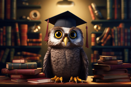 A whimsical owl in a graduation cap sits on a stack of books in front of a cabinet of educational books. Education and learning concept. Generative AI.の素材