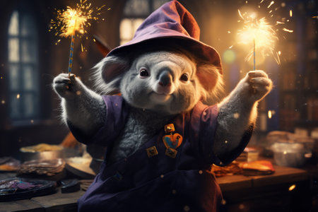 A koala wearing a wizard's hat and robe, with a sparkling wand in his hands and surrounded by magical items. Generative AI.の素材