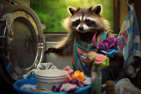 Funny colorful image of a raccoon in an apron washing things in the laundry room. Generative AI.の素材