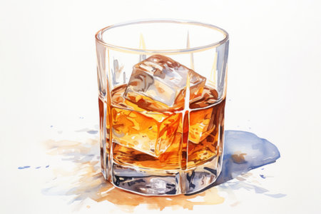 Glass of whiskey with ice. Watercolor illustration of an alcohol drink. Generative AI.の素材