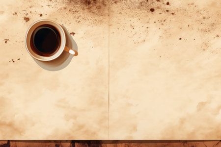 A cup of black coffee on a table with a coffee stain. Top view background with copy space. Generative AI.の素材