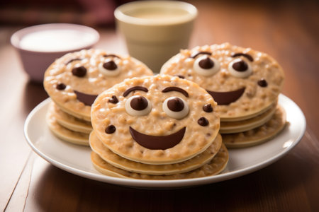 A stack of smiling cookies with chocolate chip and frosting smile. Tasty children's breakfast. Generative AI.の素材
