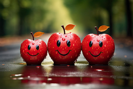 Three cartoon red apples with smiling faces on a rainy road against blurry background of forest. Generative AI.の素材