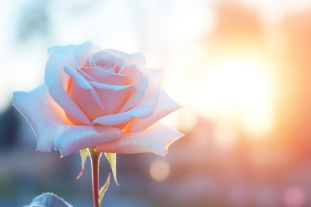 Soft, diffused lighting highlighting the delicate petals of a blooming rose in pastel hues. Generative AI.の素材