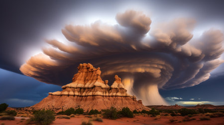Dramatic storm clouds rolling over a majestic desert landscape, creating a sense of contrast. Generative AI.の素材