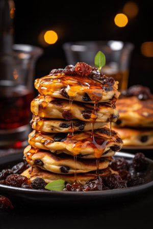 Stack pancakes with raisins and honey. A delicious and nutritious breakfast. Generative AI.の素材