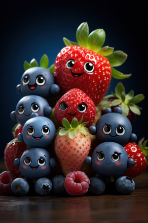 A group of strawberries, blueberries, and raspberries as different characters. Generative AI.の素材