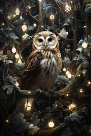 An owl sits on a tree branch in a forest decorated with glowing garlands. Generative AI.の素材