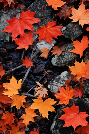 Vibrant autumn maple foliage with a mix of red, orange, and yellow leaves. Abstract natural background. Generative AI.の素材