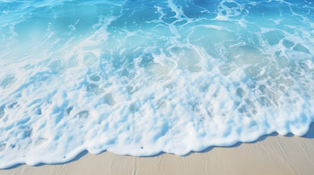 Close up view of a tropical beach with crystal-clear turquoise water and white sand. Generative AI.の素材