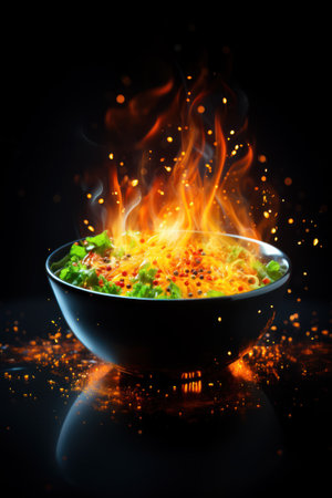 Bowl of steaming hot soup with colorful ingredients. Hot spicy soup concept. Generative AI.の素材