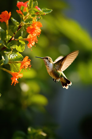 Agile Hummingbird hovering near red flowers. Generative AI.の素材