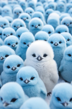 A cute white penguin chick standing among a blue fluffy colony of relatives. Bird Characters. Generative AI.の素材