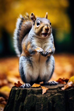 Curious squirrel in autumn park. Generative AI.の素材