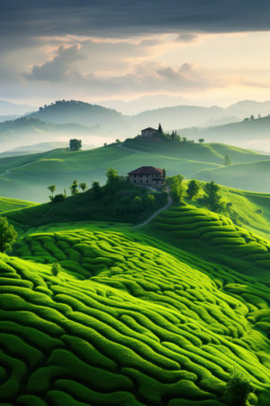Peaceful countryside with rolling hills and farm fields. Generative Ai.の素材