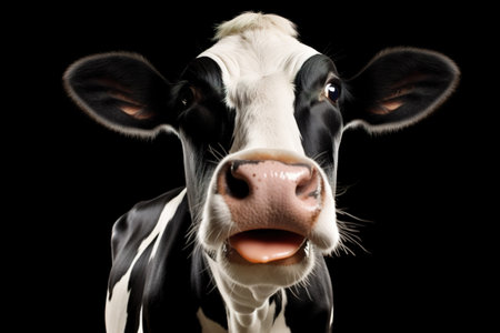 Black and white cow portrait close-up on black background. Hornless cow with big pink wet nose and tongue. Generative AI.の素材