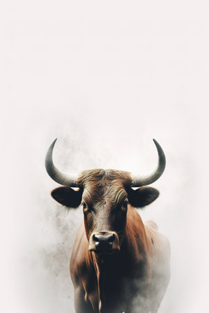 Dark bull in a cloud of dust on a white background. Bull poster with copy space. Generative AI.の素材