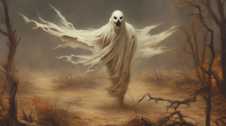 Spooky ghost running in autumn forest. A scary ghost in fluttering white robes. Halloween illustration. Generative AI.の素材