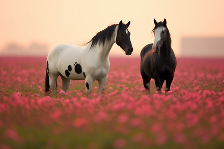 A black and white horse graze on a flower meadow at sunset. A blooming meadow of pink flowers and a pair of horses. Generative AI.の素材