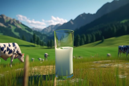 A glass of fresh milk against a background of mountains and a green meadow with grazing cows. Generative AI.の素材