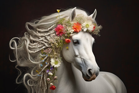 Mystic white mare with flowers woven in her mane. A snow-white horse with a flowery mane portrait on dark background. Generative AI.の素材